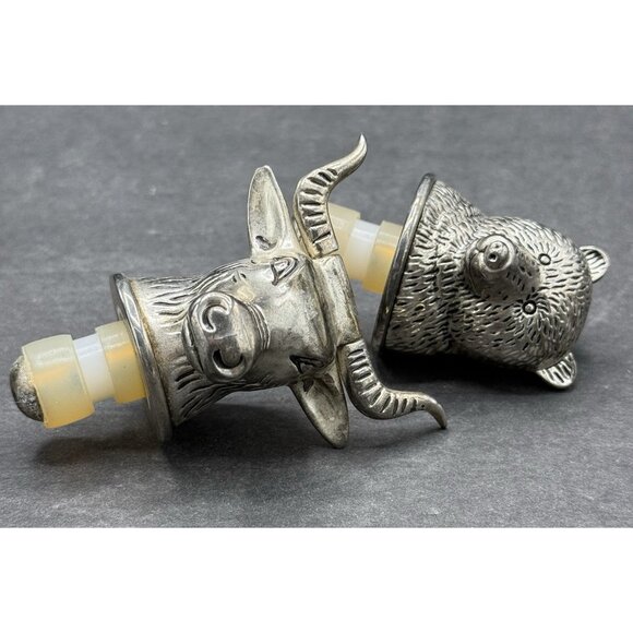 Vintage Bull Bear Market Neiman Marcus Silver Plated Bottle Stopper Set - Picture 1 of 12